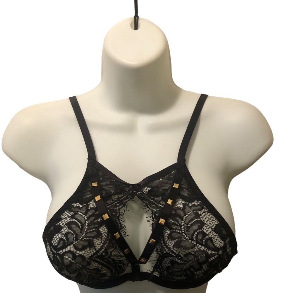 Adore Me Lacy Black Unlined High Neck Underwire Sexy Bra Gold Studded Size 32A